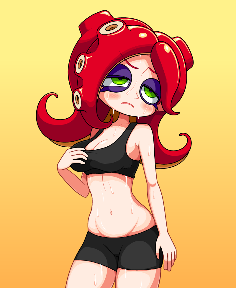 1girl bike_shorts blush bra bra_pull breasts cleavage frown gradient gradient_background green_eyes groin hot long_hair navel octarian open_mouth redhead solo splatoon sports_bra sweat takozonesu tentacle_hair underwear yuta_agc