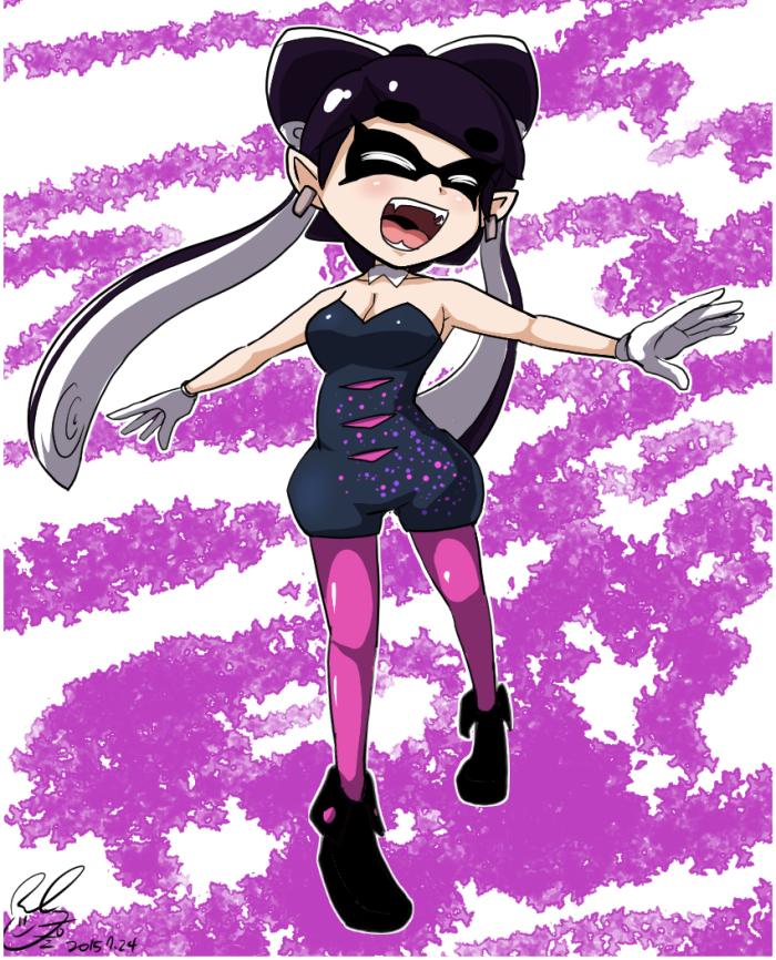 1girl 2015 :d aori_(splatoon) black_hair breasts cleavage closed_eyes collarbone dated detached_collar earrings fangs full_body gloves headwear_removed jewelry long_hair open_mouth outline pantyhose pointy_ears purple_legwear smile solo splatoon tentacle_hair unitard usa_(dai9c_carnival) white_gloves