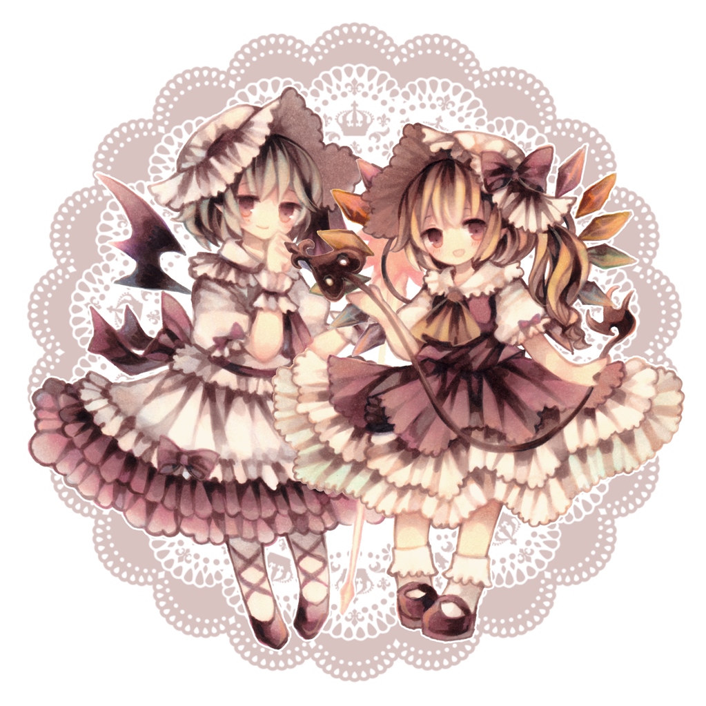 2girls bat_wings blonde_hair bow colored_pencil_(medium) dress flandre_scarlet hat hat_bow laevatein layered_dress marker_(medium) mob_cap multiple_girls open_mouth puffy_short_sleeves puffy_sleeves red_dress sash short_sleeves siblings side_ponytail silver_hair sisters smile touhou traditional_media white_dress wings wiriam07 wrist_cuffs