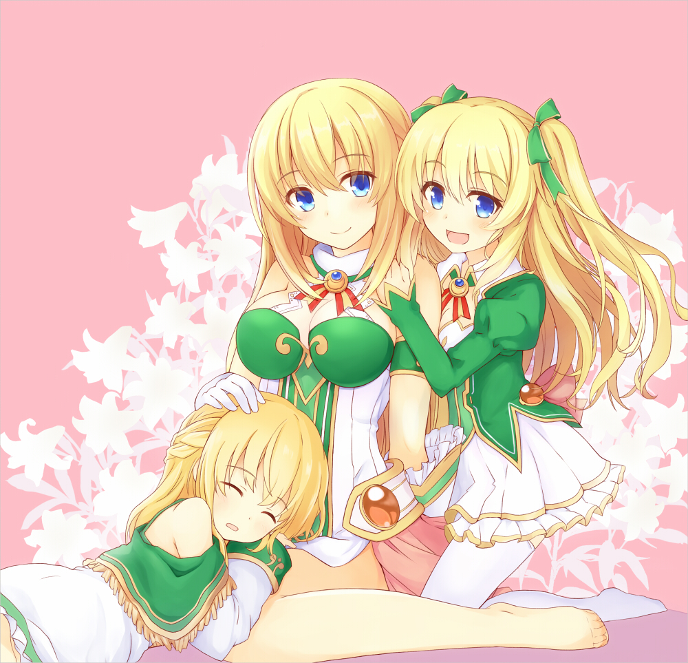 3girls :d bare_shoulders blonde_hair blue_eyes blush braid breasts choujigen_game_neptune closed_eyes dress flower frilled_gloves fuji_kakei gloves hair_ribbon hand_on_another's_head hand_on_another's_shoulder juliet_sleeves kneeling lap_pillow lily_(flower) long_hair long_sleeves multiple_girls multiple_persona neptune_(series) no_shoes open_mouth pantyhose pink_background puffy_sleeves ribbon shin_jigen_game_neptune_vii silhouette sitting sleeping smile thigh-highs two_side_up vert very_long_hair wariza white_gloves white_legwear younger