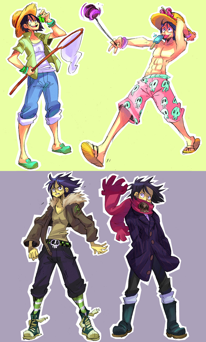 1boy abs black_hair boots butterfly_net coat collage converse fashion hand_net hands_in_pockets hat highres jacket male_focus monkey_d_luffy one_piece pants pants_rolled_up popsicle rafchu red_scarf rubber_boots sandals scarf shirtless shoes short_hair shorts sneakers solo straw_hat striped striped_legwear winter_clothes yo-yo