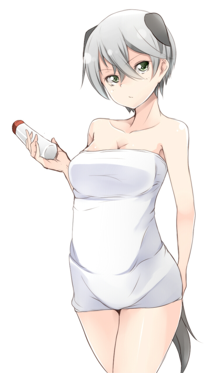 1girl animal_ears bangs breasts cleavage collarbone dog_ears dog_tail green_eyes hair_between_eyes hatsumi_nekuta highres laura_toth naked_towel short_hair silver_hair simple_background solo strike_witches tail towel white_background