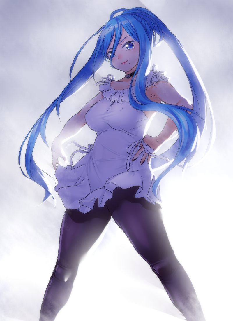 1girl aoki_hagane_no_arpeggio blue_eyes blue_hair hands_on_hips light long_hair onsoku_maru pantyhose ponytail standing takao_(aoki_hagane_no_arpeggio)