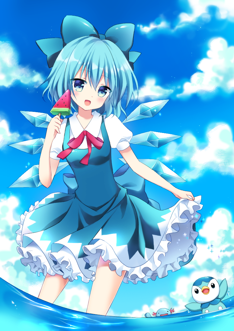 1girl blue_hair bow cirno crossover food fruit mayo_(miyusa) piplup pokemon pokemon_(creature) popsicle solo touhou watermelon wings wooper