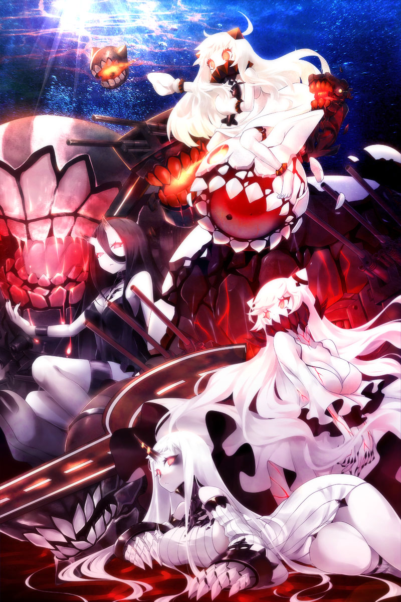 4girls battleship-symbiotic_hime breasts cannon claws demon_girl highres horn horns kantai_collection kochipu machinery midway_hime multiple_girls northern_ocean_hime oni ribbed_sweater seaport_hime shinkaisei-kan sweater turret underwater white_hair white_skin
