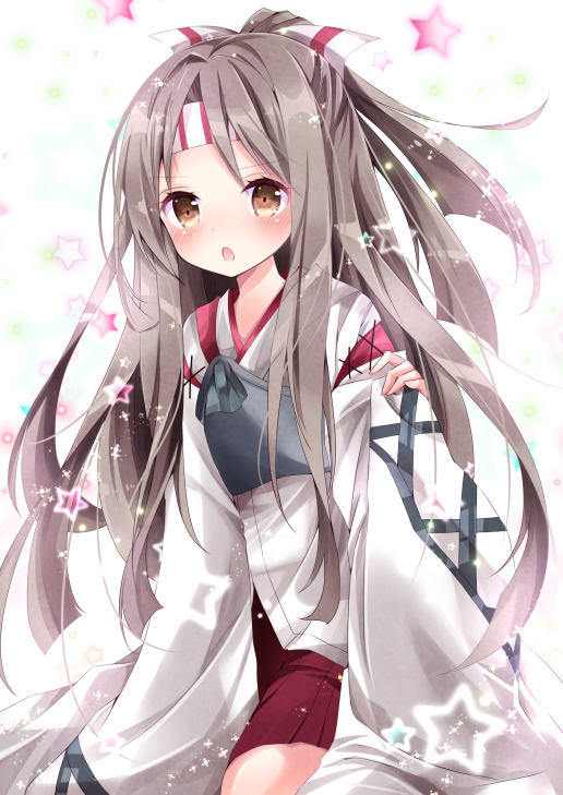 1girl breastplate brown_eyes commentary_request hair_ribbon kantai_collection long_hair long_sleeves looking_at_viewer nanase_nao open_mouth ribbon shirt silver_hair skirt solo star very_long_hair wide_sleeves zuihou_(kantai_collection)