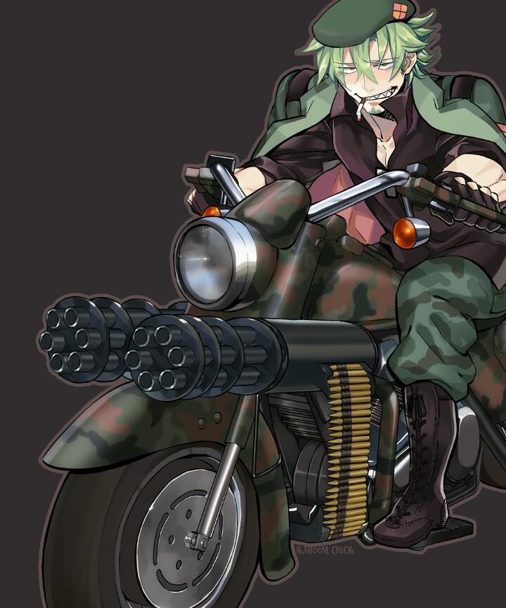 1boy ammunition_belt artist_name boots bullet camouflage camouflage_pants flippy gatling_gun gloves green_hair grin gun happy_tree_friends kaboom-chuck military military_uniform motor_vehicle motorcycle pants personification riding sharp_teeth simple_background smile spiky_hair uniform vehicle weapon