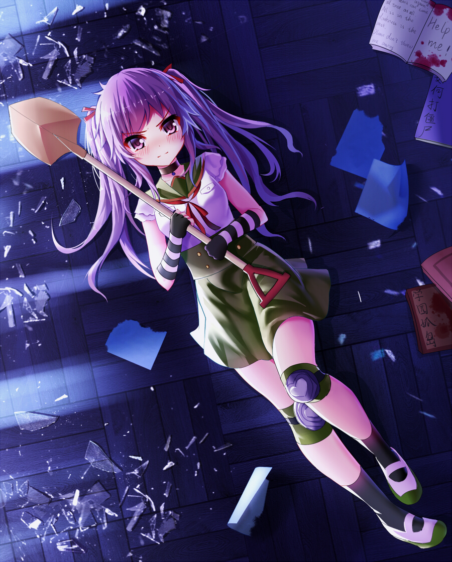 1girl blood blush book ebisuzawa_kurumi elbow_gloves fingerless_gloves gakkou_gurashi! gloves knee_pads lying meng_xiao_jiong neckerchief on_back on_ground purple_hair school_uniform serafuku shards shirt shovel skirt solo striped striped_gloves twintails violet_eyes worktool