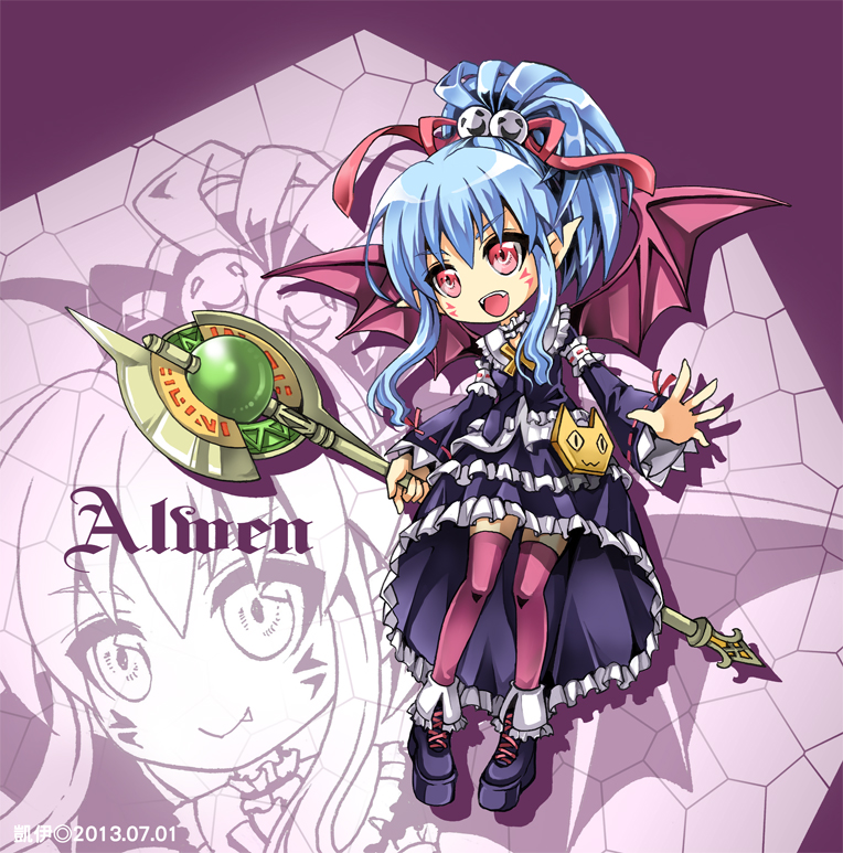 1girl 2013 :d alwen_du_moonbria bat_wings black_shoes black_skirt blue_hair bow character_name chibi dated facial_mark frills hair_bow kai_(pixiv) mosaic_background no_nose open_mouth payot pointy_ears ponytail purple_background purple_legwear red_bow red_eyes shoes short_hair skirt smile solo staff standing tattoo thigh-highs wings zoom_layer zwei!! zwei_2