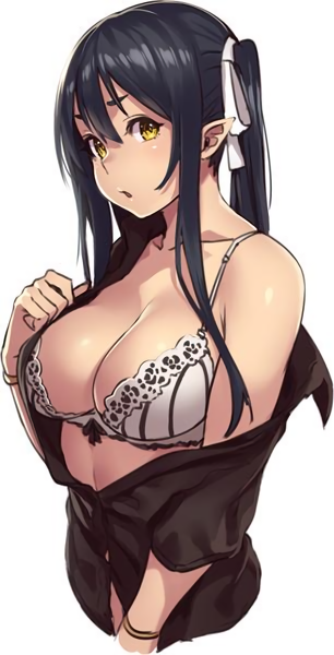 1girl black_hair bow bow_bra bra breasts cleavage hair_ribbon houtengeki houtengeki's_elf_girl large_breasts long_hair off_shoulder open_clothes open_shirt original payot pointy_ears ribbon shirt simple_background solo twintails underwear upper_body vertical-striped_bra vertical_stripes white_background yellow_eyes