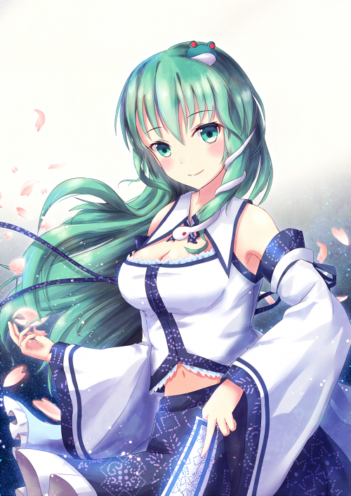 1girl breasts cleavage cleavage_cutout detached_sleeves frog_hair_ornament green_eyes green_hair hair_ornament kochiya_sanae long_hair long_sleeves non_(nobu) petals shirt skirt smile snake_hair_ornament solo spell_card touhou very_long_hair wide_sleeves
