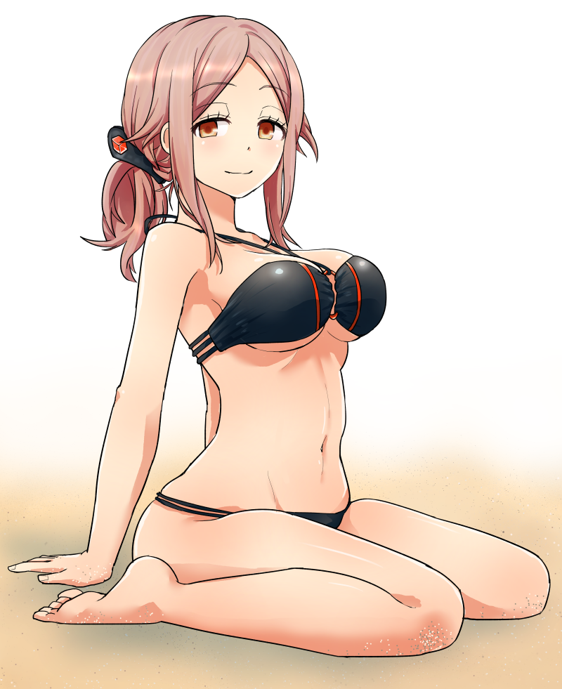 1girl arm_support bare_arms bare_legs bare_shoulders barefoot bikini black_bikini breasts character_request confusing flat_gaze from_side halter_top halterneck large_breasts light_smile looking_at_viewer midriff navel o-ring_top pink_eyes pink_hair ponytail sitting solo swimsuit world_trigger