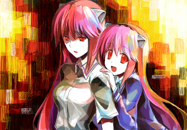 2girls 79inko drawr dual_persona elfen_lied horns long_hair looking_at_viewer lucy multiple_girls nyuu open_mouth pink_hair red_eyes shaded_face smile solo
