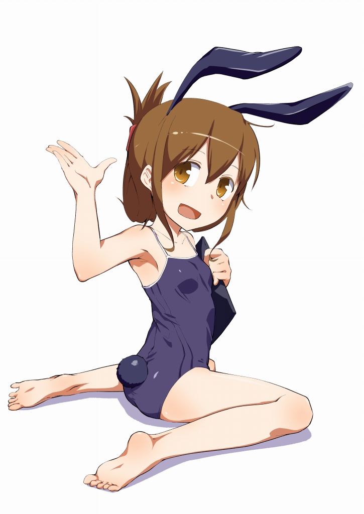 1girl animal_ears brown_eyes brown_hair bunny_tail clipboard competition_school_swimsuit folded_ponytail inazuma_(kantai_collection) kantai_collection kasai_jushi long_hair rabbit_ears school_swimsuit swimsuit tail waving