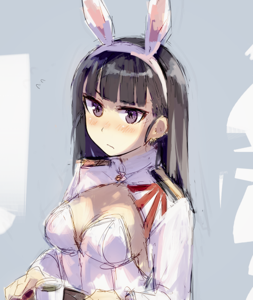 1girl anabuki_tomoko animal_ears bangs black_hair blunt_bangs blush breasts cleavage cup fake_animal_ears flying_sweatdrops hashigo holding holding_plate long_hair looking_at_viewer military military_uniform nose_blush plate rabbit_ears solo straight_hair strike_witches uniform upper_body violet_eyes
