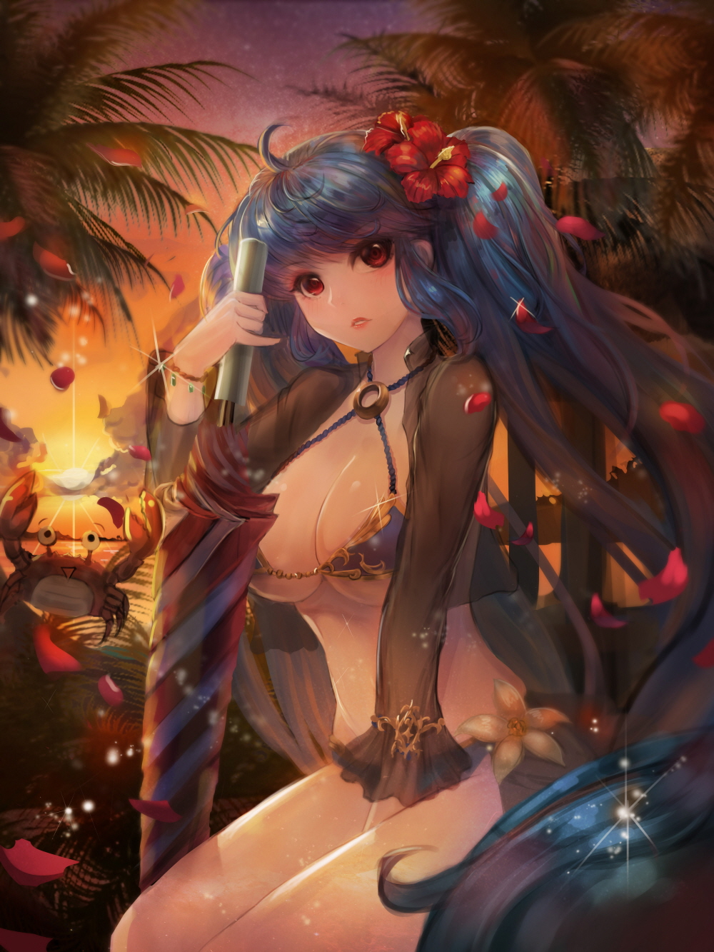 1girl ahoge between_legs bikini blue_hair breasts cleavage crab flower hair_flower hair_ornament hand_between_legs highres lips looking_at_viewer luthica_preventer palm_tree parted_lips petals red_eyes sun sunset swimsuit sword_girls tree twintails umbrella under_boob zonekiller10