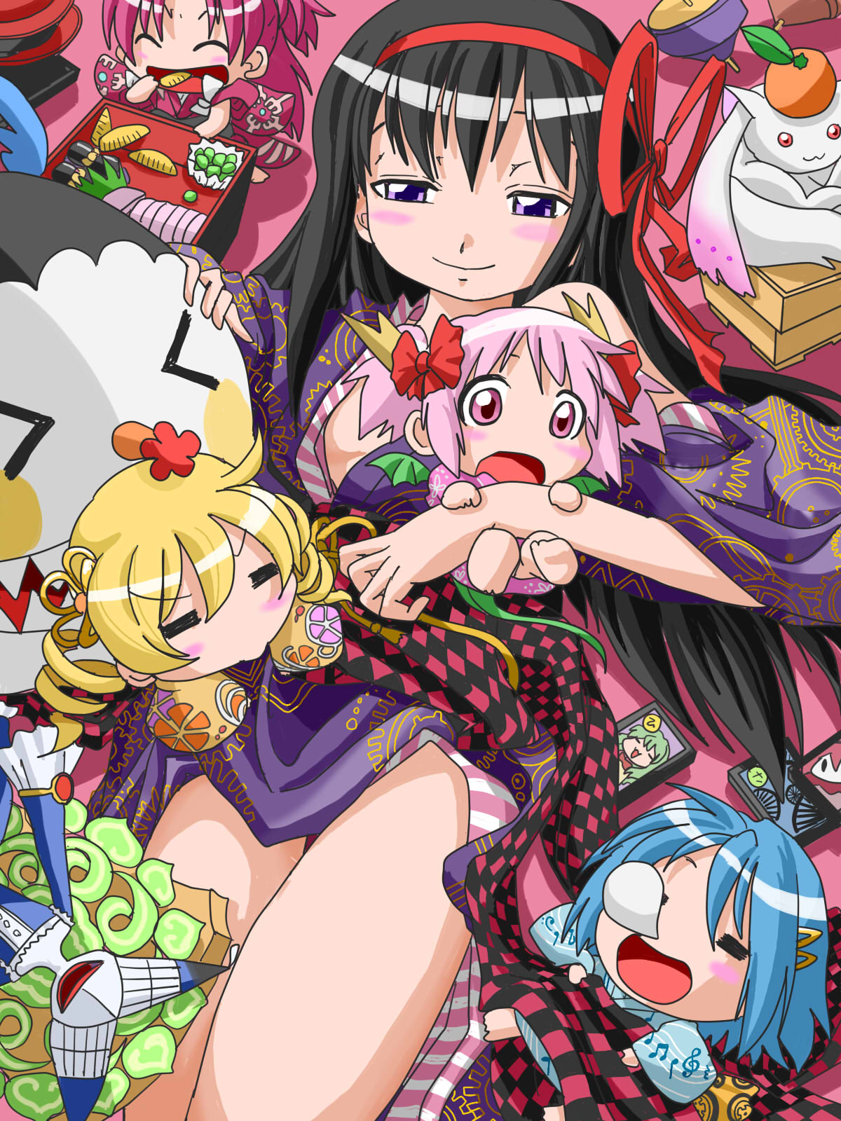 :&gt; :3 :d =_= ^_^ akemi_homura barefoot black_hair blonde_hair blush blush_stickers bow charlotte_(madoka_magica) chibi closed_eyes commentary_request drill_hair eating food fruit hair_bow hair_ornament hair_ribbon hairclip hand_on_another's_head highres hohetomaru japanese_clothes kaname_madoka kyubey long_hair lying mahou_shoujo_madoka_magica miki_sayaka mouth_hold multiple_girls musical_note nose_bubble obentou off_shoulder on_back open_mouth orange pink_eyes pink_hair red_eyes ribbon sakura_kyouko sharp_teeth shizuki_hitomi short_hair short_twintails sleeping smile spinning_top tagme tomoe_mami twin_drills twintails violet_eyes walpurgisnacht_(madoka_magica) wide-eyed witch_(madoka_magica)