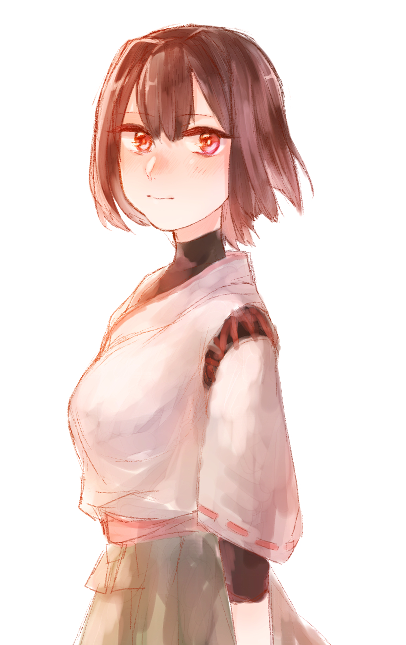 blush brown_eyes brown_hair character_request highres kantai_collection looking_at_viewer red_eyes short_hair simple_background smile tama_wo white_background