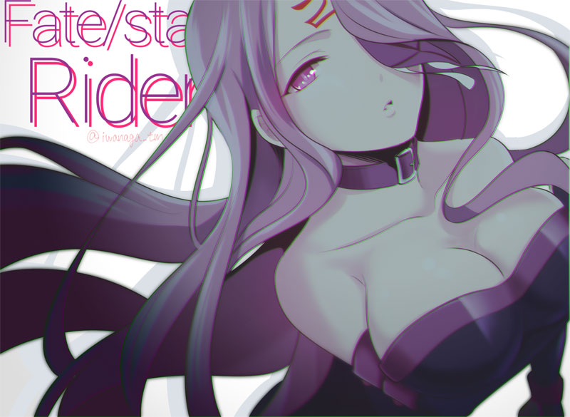 1girl breasts character_name cleavage collar copyright_name facial_mark fate/stay_night fate_(series) forehead_mark iwanaga_tm large_breasts long_hair purple_hair rider solo very_long_hair violet_eyes
