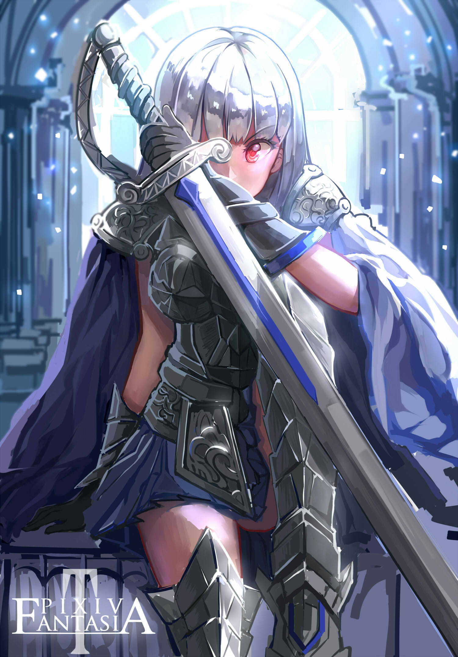 1girl armor armored_dress chest_plate covering_one_eye faulds gauntlets greaves highres holding_weapon huge_weapon hunxiao_xingshuang long_hair looking_at_viewer original pauldrons pixiv_fantasia pixiv_fantasia_t red_eyes silver_hair sitting sketch solo sword thigh-highs weapon zettai_ryouiki