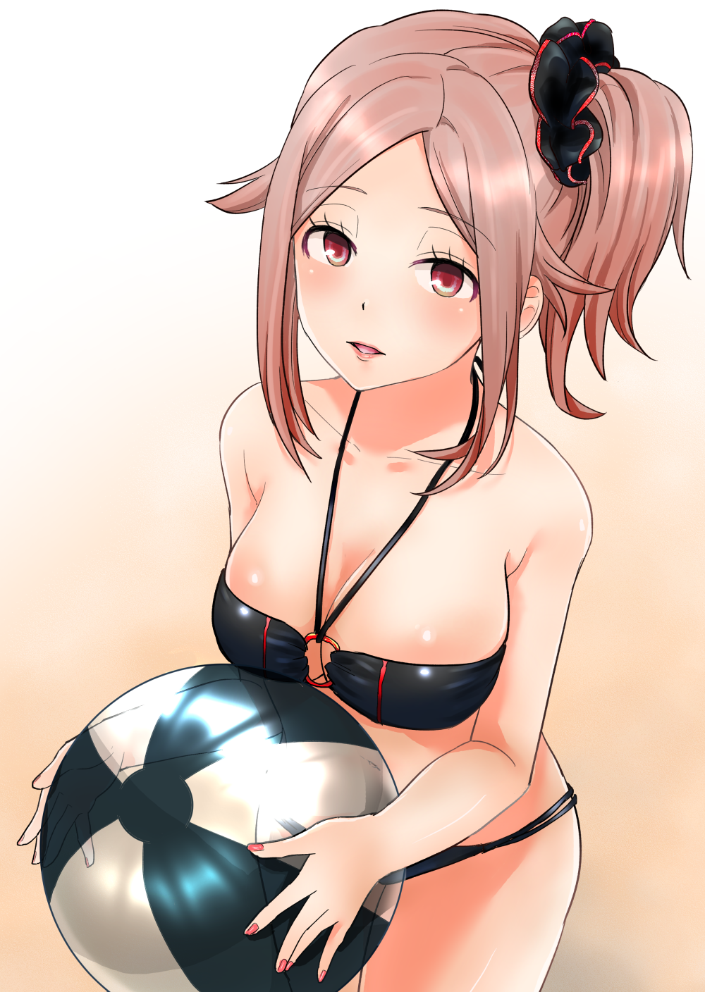 1girl ball bare_arms bare_legs bare_shoulders beachball bikini black_bikini breasts character_request collarbone confusing flat_gaze from_above highres large_breasts light_smile looking_at_viewer midriff navel o-ring_top parted_lips pink_eyes pink_hair ponytail solo swimsuit world_trigger