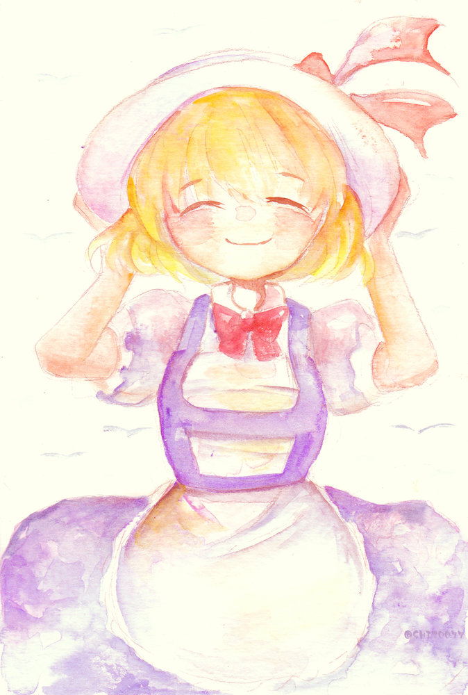 1girl artist_name blonde_hair closed_eyes hat hat_ribbon holding holding_hat kana_anaberal ribbon shiz_(#0077) smile touhou touhou_(pc-98) twitter_username