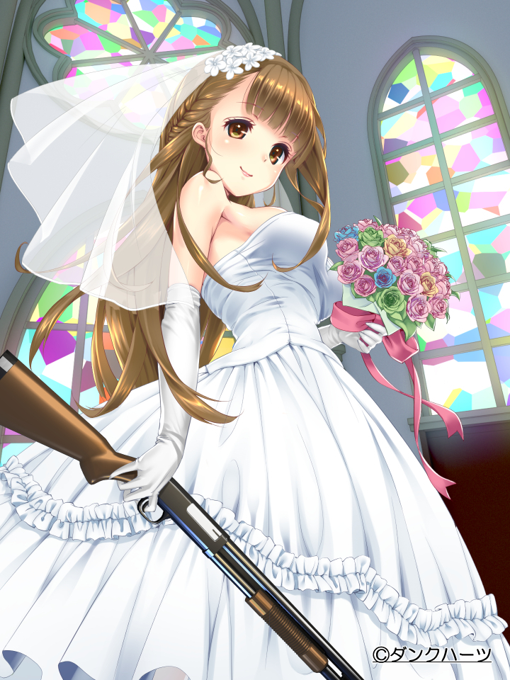 1girl bare_shoulders bouquet brown_eyes brown_hair dress flower gloves gown gun long_hair mossberg_500 personification shotgun smile solo uz3d veil weapon weapon_girls wedding_dress window