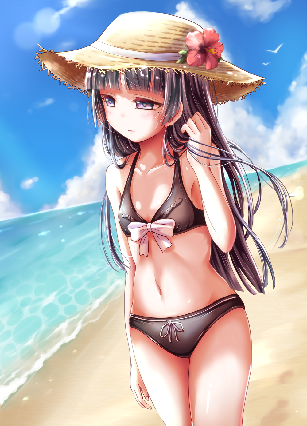 1girl beach bikini black_eyes black_hair gokou_ruri hat herunin highres long_hair ore_no_imouto_ga_konna_ni_kawaii_wake_ga_nai sun_hat swimsuit