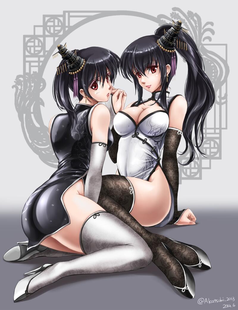 2girls akatsuki_matsumoto alternate_hairstyle arm_support ass bare_shoulders black_dress black_gloves black_hair black_legwear breasts bridal_gauntlets china_dress chinese_clothes cleavage cleavage_cutout detached_sleeves dress female from_behind fusou_(kantai_collection) gloves hair_ornament high_heels holding_hands interlocked_fingers kantai_collection large_breasts lipstick long_hair makeup multiple_girls no_panties payot ponytail red_eyes short_dress side_ponytail side_slit silver_dress silver_legwear sitting thigh-highs thighs yamashiro_(kantai_collection)