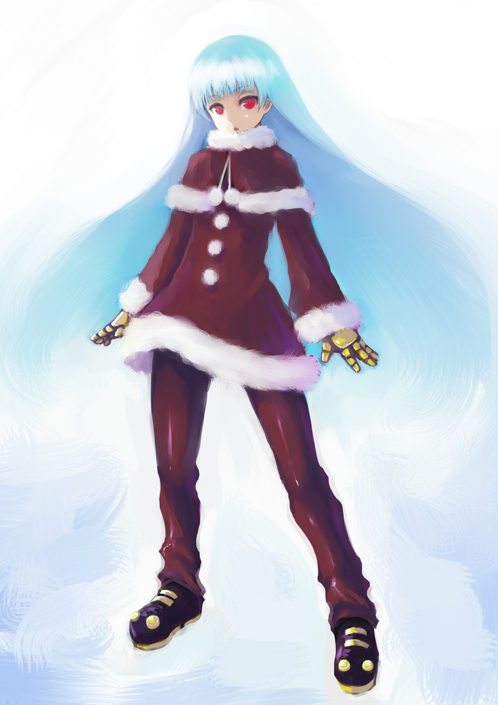 1girl blue_hair boots capelet chestnut_mouth coat full_body fur_trim gloves highres johan_(johan13) king_of_fighters kula_diamond long_hair pants red_eyes solo standing winter_clothes winter_coat