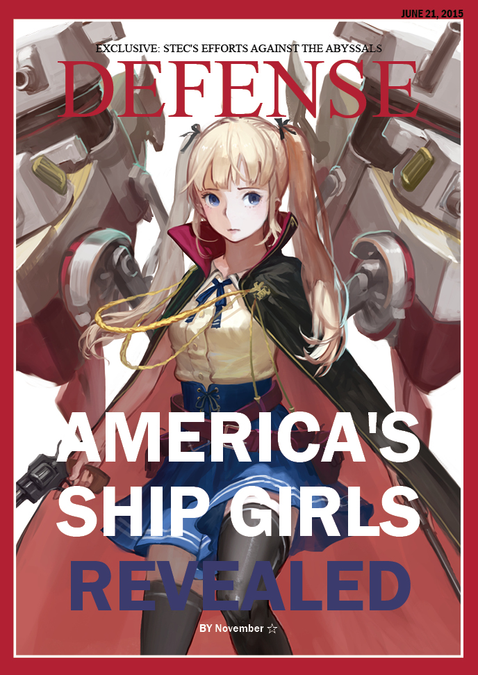 1girl 2015 aiguillette america artist_name belt black_legwear black_ribbon blonde_hair blue_eyes blue_ribbon blue_skirt cape dated dress_shirt english gun hair_ribbon handgun holding holding_gun holding_weapon jeanex kantai_collection long_hair machinery original revolver ribbon shirt skirt solo star thigh-highs turret twintails us_navy uss_jupiter_(ak-43) weapon zettai_ryouiki