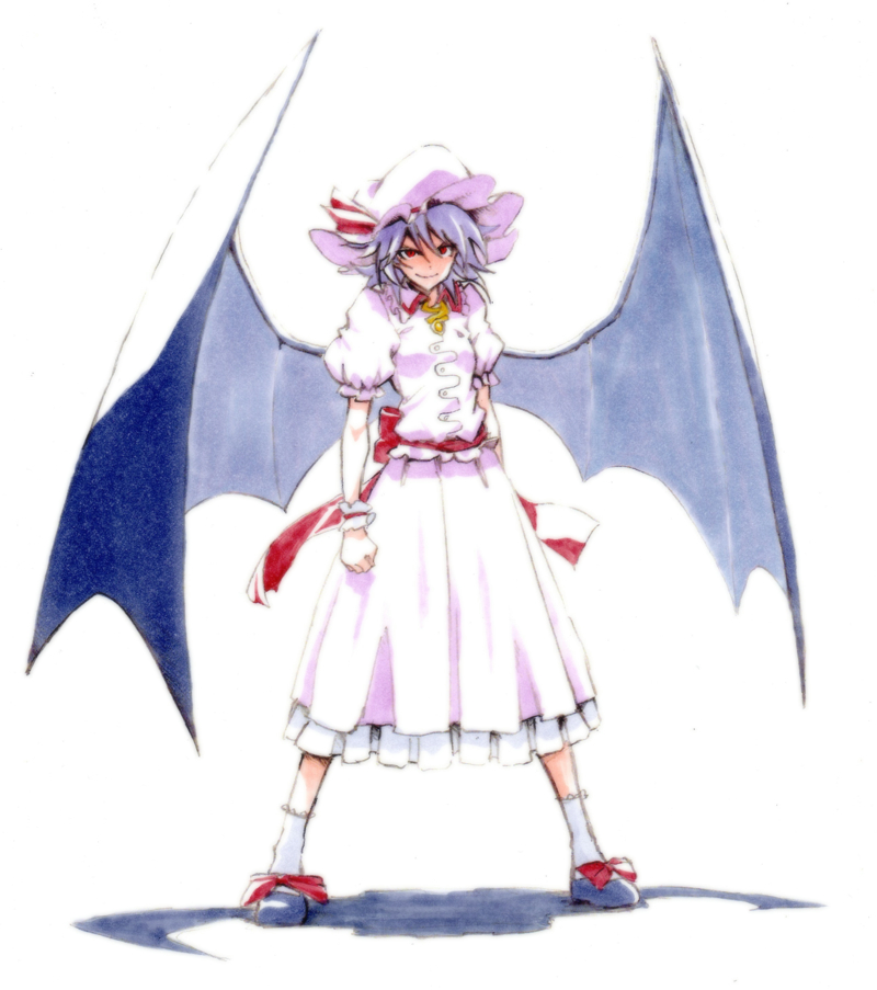 1girl arms_at_sides bat_wings blush bow clenched_hands dress full-face_blush full_body hair_between_eyes lavender_hair looking_at_viewer mob_cap pink_dress puffy_short_sleeves puffy_sleeves red_eyes remilia_scarlet shadow shiratama_(hockey) shoe_bow shoes short_hair short_sleeves smile socks touhou traditional_media white_background wings wrist_cuffs