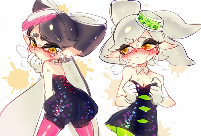 +_+ 2girls aori_(splatoon) black_dress blush breasts cleavage collarbone commentary_request detached_collar domino_mask dress eyebrows_visible_through_hair food food_on_head from_behind gloves green_legwear hair_rings heavy_breathing hotaru_(splatoon) long_hair looking_back mask mole mole_under_eye multiple_girls nose_blush object_on_head open_mouth paint_splatter pantyhose poroi_(poro586) purple_legwear short_hair silver_hair simple_background splatoon strapless_dress sushi sweat symbol-shaped_pupils tentacle_hair twitter_username unitard white_background white_gloves yellow_eyes