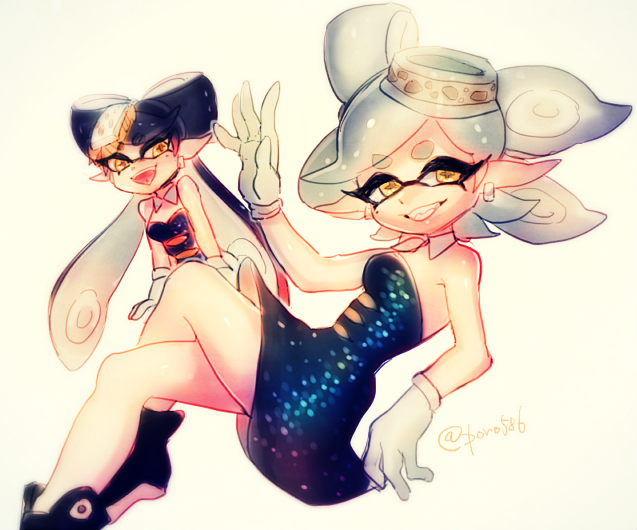 +_+ 2girls :d aori_(splatoon) black_dress black_hair crossed_legs detached_sleeves domino_mask dress earrings food food_on_head gloves grin hair_rings hotaru_(splatoon) jewelry long_hair mask mole mole_under_eye multiple_girls no_legwear object_on_head open_mouth pointy_ears poroi_(poro586) short_hair silver_hair smile splatoon strapless_dress sushi tentacle_hair twitter_username white_gloves yellow_eyes