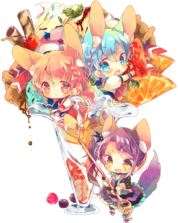 1boy 2girls animal_ears berries blue_eyes blue_hair blush braid cherry chibi dessert dorothy_west fang food fruit glass holding in_food kemonomimi_mode leona_west long_hair looking_at_viewer multiple_girls nekoto_rina open_mouth orange orange_slice otoko_no_ko parfait pink_eyes pink_hair pripara purple_hair rabbit_ears raspberry short_hair side_ponytail simple_background spoon strawberry tail toudou_shion white_background yellow_eyes