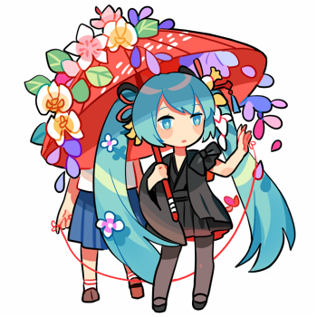 2girls aqua_eyes aqua_hair flower getiao hatsune_miku long_hair lowres multiple_girls simple_background solo_focus string twintails umbrella very_long_hair vocaloid white_background