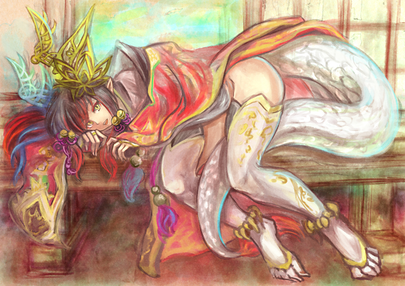 1girl bell black_hair bridal_gauntlets dragon_girl dragon_tail hair_ornament horns japanese_clothes jewelry jingle_bell long_hair lying on_side open_mouth puzzle_&amp;_dragons ring scales shouma_(bravespiritya) slit_pupils solo tail thigh-highs tsubaki_(p&amp;d) white_legwear yellow_eyes