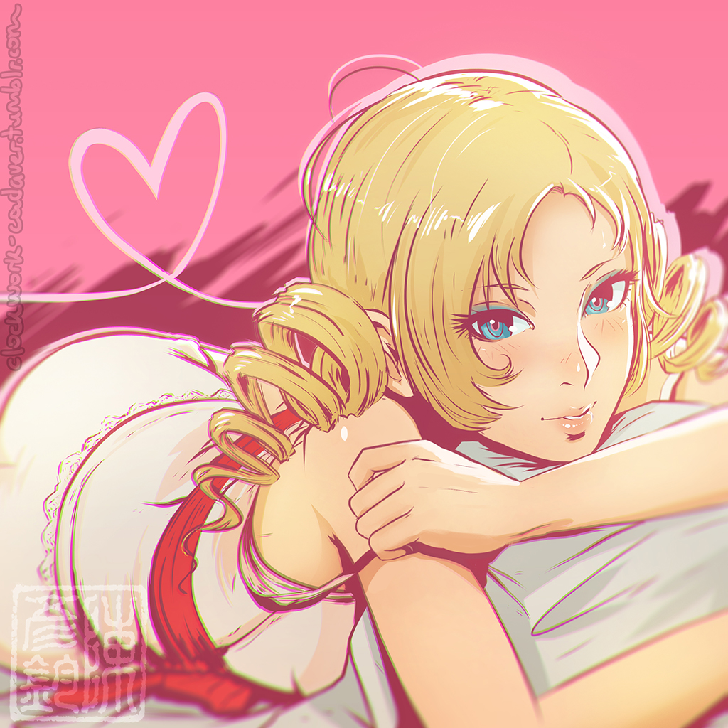 1girl blonde_hair blue_eyes catherine catherine_(game) clockwork-cadaver drill_hair heart looking_at_viewer lying on_stomach parted_lips smile solo twin_drills