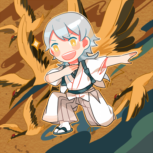 1boy getiao japanese_clothes lowres male_focus one_knee open_mouth red-crowned_crane silver_hair solo sparkle touken_ranbu tsurumaru_kuninaga yellow_eyes