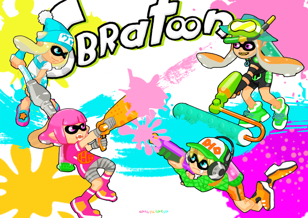 artist_name blonde_hair blue_eyes brown_hair diego_brando domino_mask gun gyro_zeppeli hot_pants_(sbr) inkling johnny_joestar jojo_no_kimyou_na_bouken paint paint_splatter parody pink_eyes pink_hair roller_(splatoon) splatoon splatter splattershot steel_ball_run tanaka_kaori weapon