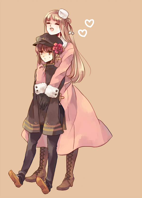 2girls :d axis_powers_hetalia black_gloves boots brown_background brown_boots china_(hetalia) closed_eyes cross-laced_footwear dress fur_hat fur_trim genderswap gloves hat hat_ribbon heart height_difference kozukue lace-up_boots long_sleeves military military_uniform mini_hat multiple_girls open_mouth pink_dress pink_ribbon ribbon russia_(hetalia) simple_background smile uniform