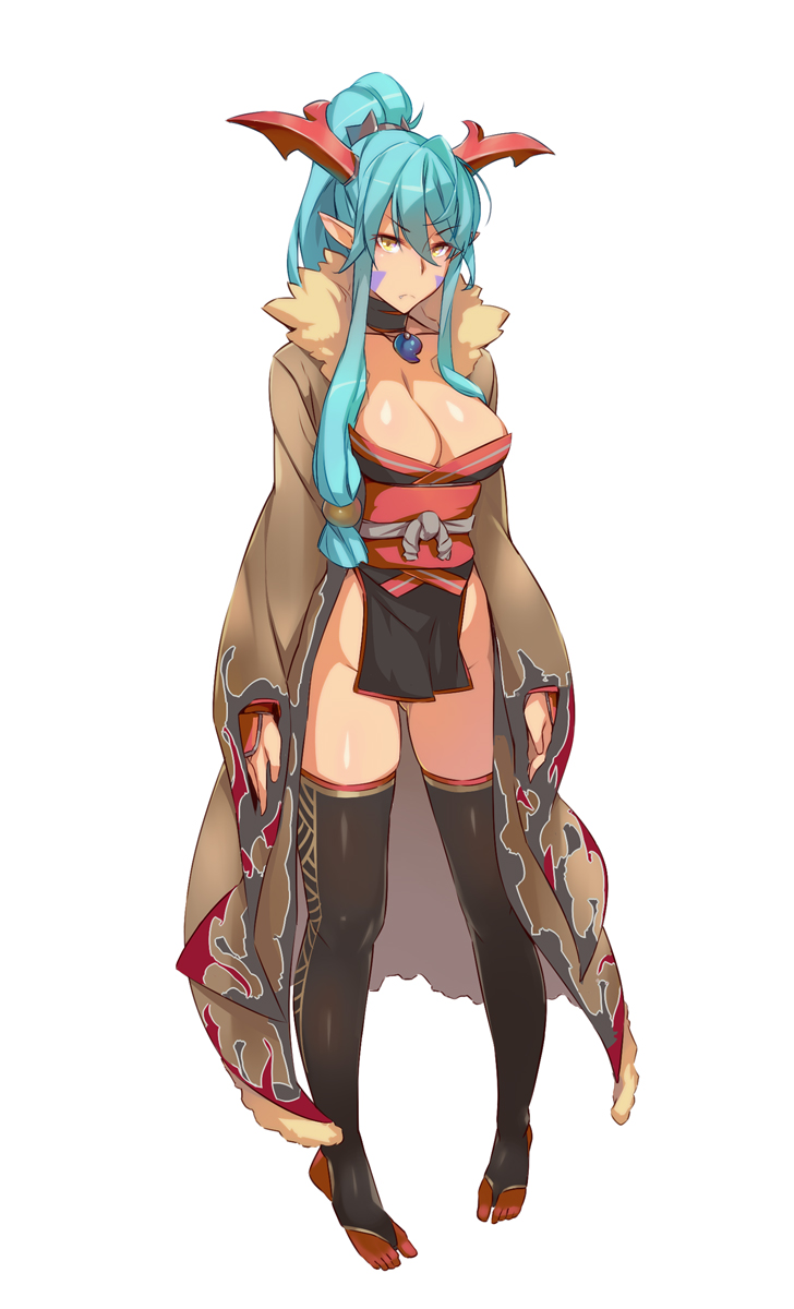 1girl bangs black_legwear blue_hair blush breasts bridal_gauntlets choker cleavage cowboy_shot eyeshadow facial_mark fang fang_out frown fur_trim groin hair_between_eyes hair_ornament high_ponytail highres horns japanese_clothes kimono long_pointy_ears looking_at_viewer magatama makeup netlk no_panties obi open_clothes open_robe payot pelvic_curtain pointy_ears ponytail print_legwear puzzle_&amp;_dragons robe sash satsuki_(p&amp;d) short_kimono simple_background solo standing thigh-highs white_background yellow_eyes