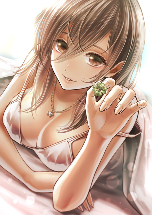 1girl bra breasts brown_eyes brown_hair cleavage clover four-leaf_clover haru_(toyst) jewelry long_hair necklace original smile solo strap_slip underwear