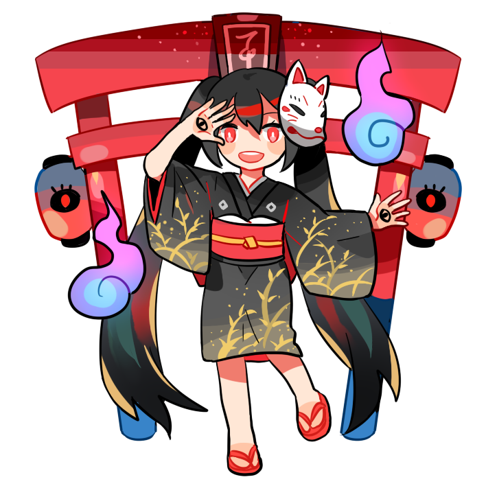 1girl black_hair fox_mask getiao hatsune_miku japanese_clothes kimono long_hair looking_at_viewer mask musunde_hiraite_rasetsu_to_mukuro_(vocaloid) open_mouth red_eyes sandals simple_background solo torii twintails very_long_hair vocaloid white_background