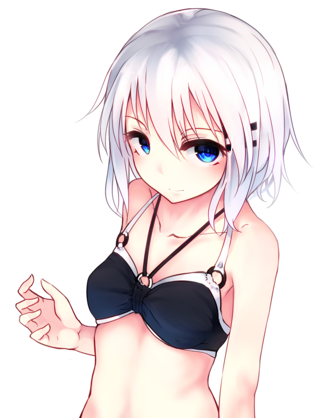 1girl arm_at_side bare_shoulders bikini blue_bikini collarbone from_above haegiwa hair_between_eyes halterneck highres looking_at_viewer midriff o-ring_top original short_hair silver_hair small_breasts solo swimsuit upper_body