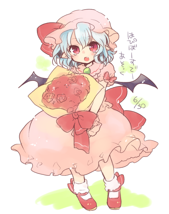 1girl bat_wings blue_hair bouquet bow fang flower hat hat_bow mary_janes mob_cap open_mouth red_eyes remilia_scarlet shoes solo takamura touhou wings