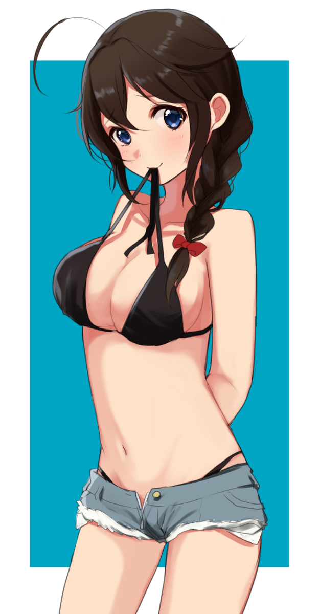 1girl ahoge bikini_top black_hair blue_eyes braid hair_ribbon highres kantai_collection long_hair mouth_hold ribbon shigure_(kantai_collection) short_shorts shorts single_braid sinsihukunokonaka solo