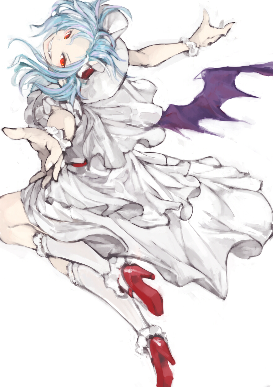 1girl bat_wings blue_hair dress evil_grin evil_smile fangs full_body grin hat hat_ribbon high_heels highres kneehighs layered_dress looking_at_viewer mob_cap n9+ outstretched_arms red_eyes remilia_scarlet ribbon sash short_hair simple_background smile solo touhou white_background white_legwear wings wrist_cuffs