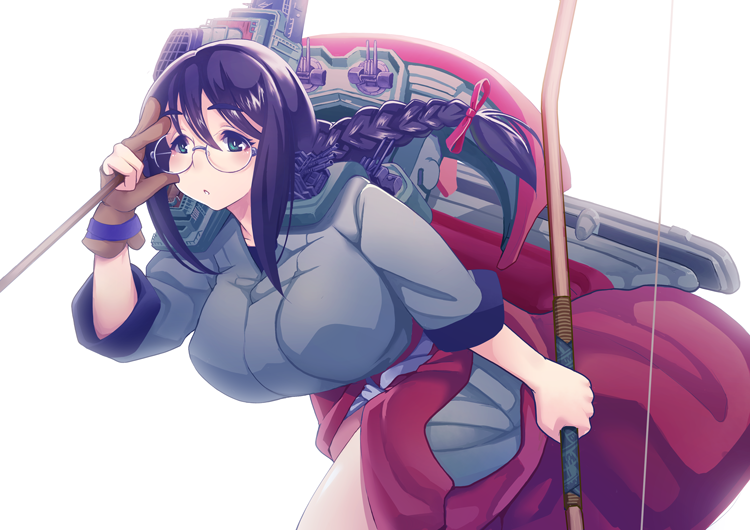 1girl :o adjusting_glasses akaneyu_akiiro black_hair bloom blush bow_(weapon) braid breasts brown_gloves fingerless_gloves glasses gloves green_eyes hair_ribbon holding holding_weapon japanese_clothes kantai_collection large_breasts leaning_forward long_hair machinery red_ribbon ribbon round_glasses shinano_(kantai_collection) simple_background single_braid single_glove solo turret weapon white_background