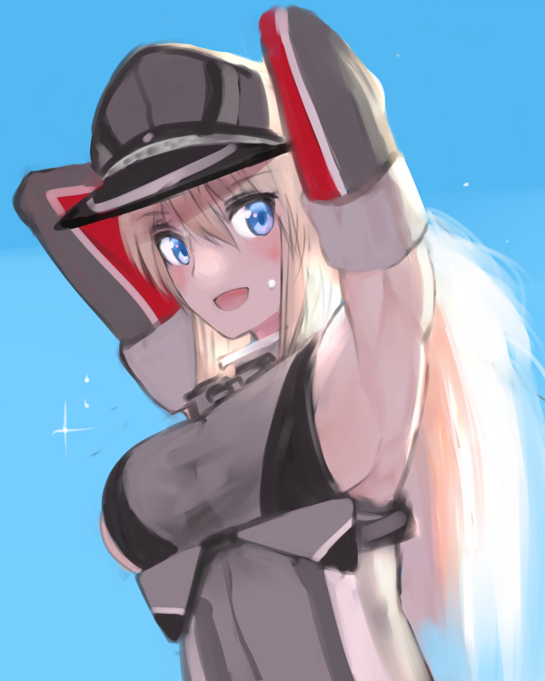 1girl :d arm_behind_head armpits arms_up bismarck_(kantai_collection) blonde_hair blue_background blue_eyes detached_sleeves fujibejifu hat kantai_collection long_hair military military_uniform open_mouth peaked_cap smile solo sparkle uniform